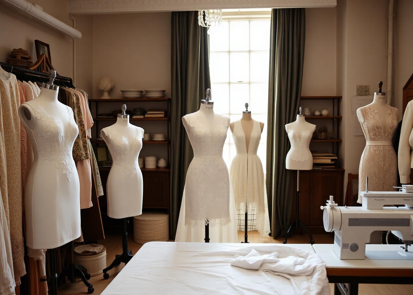 Koroleva atelier workroom with dress forms and lace fabrics