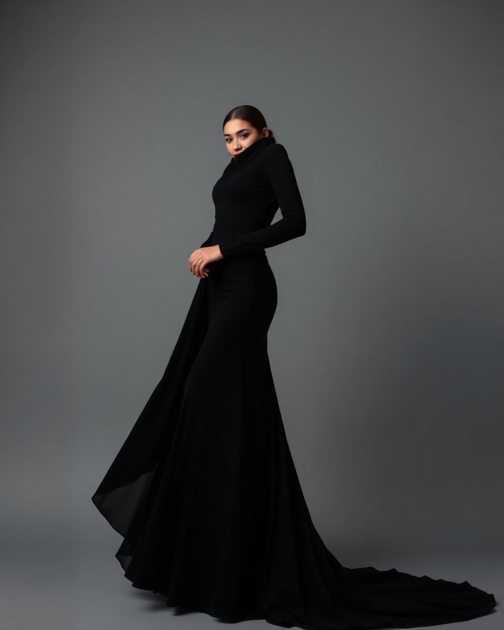 Black evening gown with long sleeves