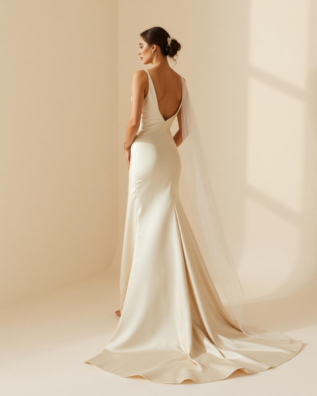 Satin wedding gown with cathedral veil