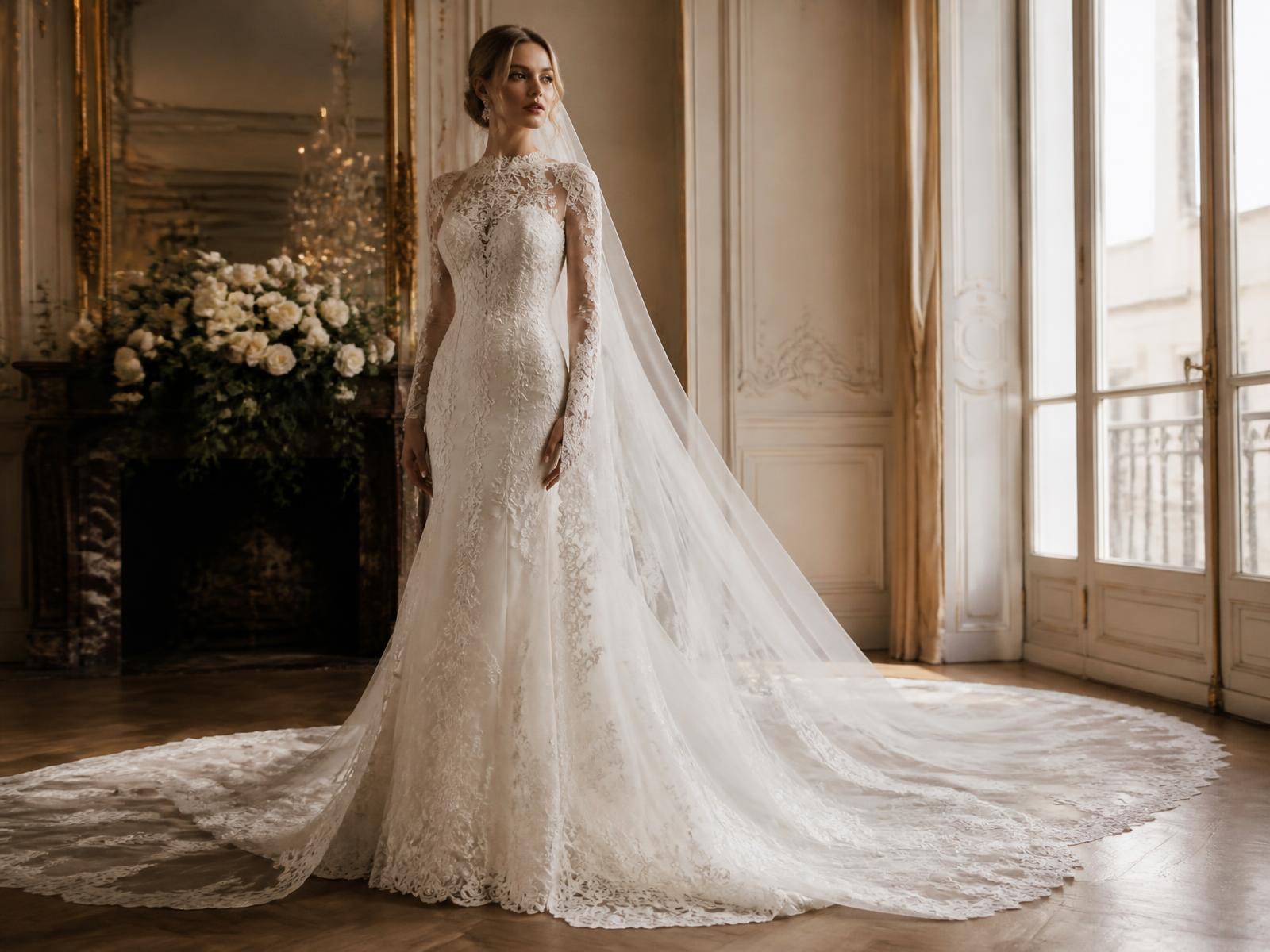 Bride in an ivory lace gown with a cathedral train